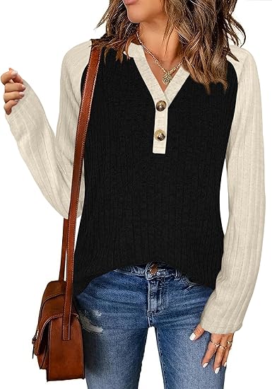 Sweaters for Women Long Sleeve Tops V Neck Button Down Shirts Color Block Lightweight Pullover Fall Outfits