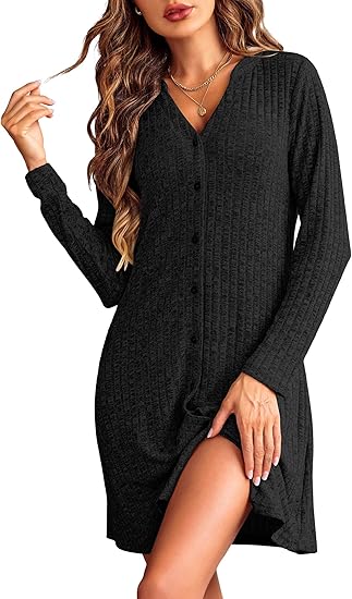 Nightgowns for Women Button Down Night Shirt Long Sleeve Ribbed Knit V-Neck Sleepwear Pajama Dress Ekouaer