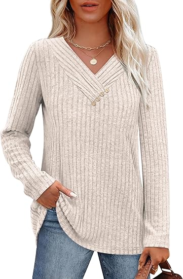 Sweaters for Women Long Sleeve Shirts V Neck Tops with Buttons Fall Fashion Outfits Winter Clothing