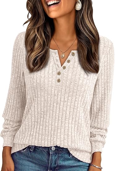 Long Sleeve Henley Shirts Women's Business Casual Lightweight Tunic Sweater Tops