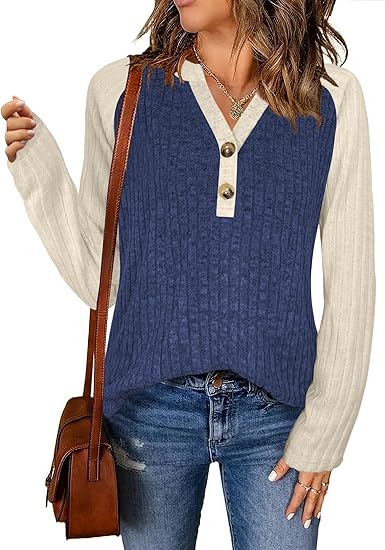 Sweaters for Women Long Sleeve Tops V Neck Button Down Shirts Color Block Lightweight Pullover Fall Outfits