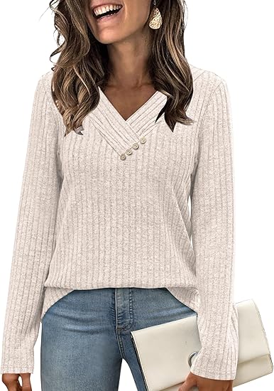 Sweaters for Women Long Sleeve Shirts V Neck Tops with Buttons Fall Fashion Outfits Winter Clothing