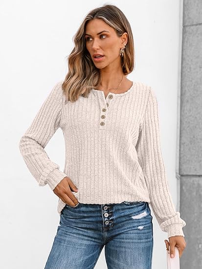 Long Sleeve Henley Shirts Women's Business Casual Lightweight Tunic Sweater Tops