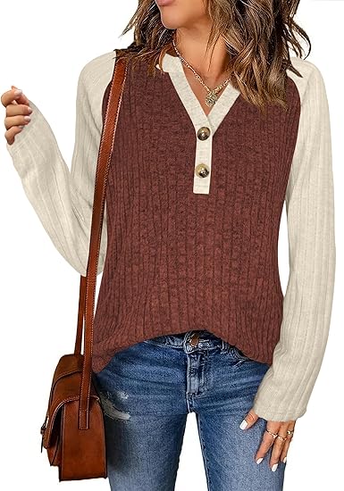 Sweaters for Women Long Sleeve Tops V Neck Button Down Shirts Color Block Lightweight Pullover Fall Outfits