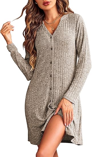 Nightgowns for Women Button Down Night Shirt Long Sleeve Ribbed Knit V-Neck Sleepwear Pajama Dress Ekouaer