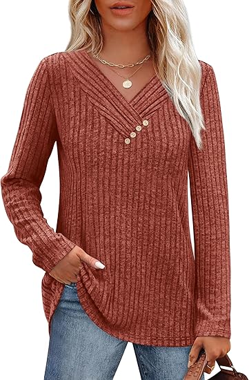 Sweaters for Women Long Sleeve Shirts V Neck Tops with Buttons Fall Fashion Outfits Winter Clothing
