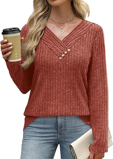 Sweaters for Women Long Sleeve Shirts V Neck Tops with Buttons Fall Fashion Outfits Winter Clothing