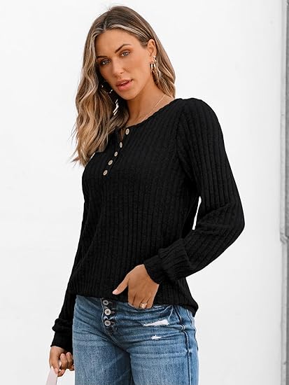 Long Sleeve Henley Shirts Women's Business Casual Lightweight Tunic Sweater Tops