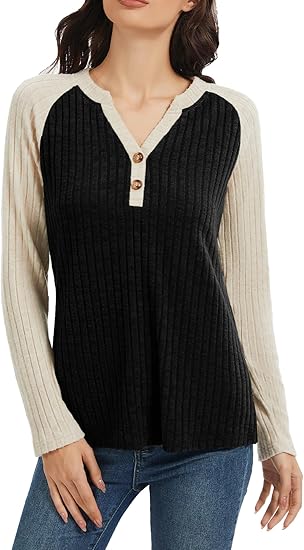 Sweaters for Women Long Sleeve Tops V Neck Button Down Shirts Color Block Lightweight Pullover Fall Outfits