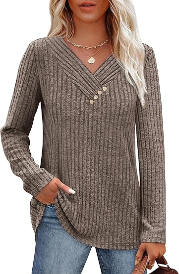Sweaters for Women Long Sleeve Shirts V Neck Tops with Buttons Fall Fashion Outfits Winter Clothing