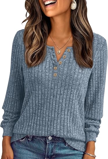 Long Sleeve Henley Shirts Women's Business Casual Lightweight Tunic Sweater Tops