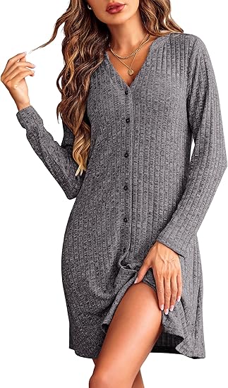 Nightgowns for Women Button Down Night Shirt Long Sleeve Ribbed Knit V-Neck Sleepwear Pajama Dress Ekouaer