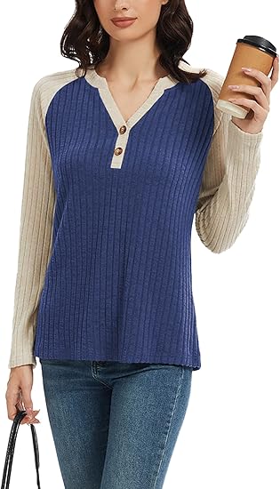 Sweaters for Women Long Sleeve Tops V Neck Button Down Shirts Color Block Lightweight Pullover Fall Outfits