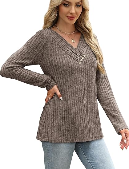Sweaters for Women Long Sleeve Shirts V Neck Tops with Buttons Fall Fashion Outfits Winter Clothing