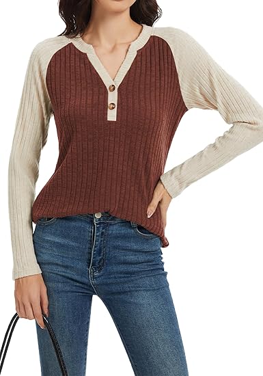 Sweaters for Women Long Sleeve Tops V Neck Button Down Shirts Color Block Lightweight Pullover Fall Outfits