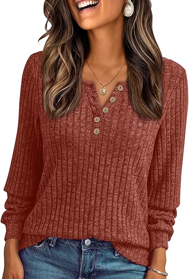 Long Sleeve Henley Shirts Women's Business Casual Lightweight Tunic Sweater Tops