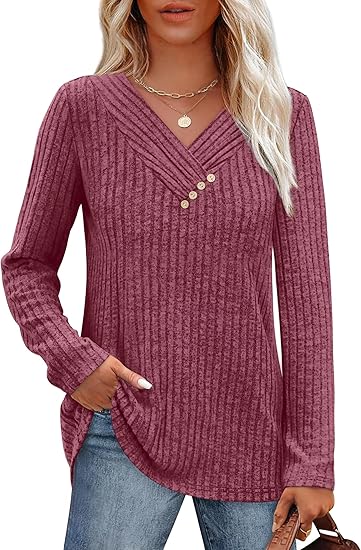 Sweaters for Women Long Sleeve Shirts V Neck Tops with Buttons Fall Fashion Outfits Winter Clothing