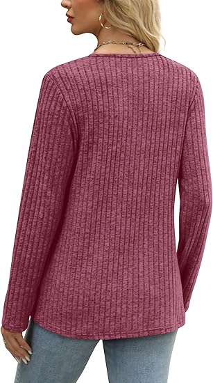 Sweaters for Women Long Sleeve Shirts V Neck Tops with Buttons Fall Fashion Outfits Winter Clothing