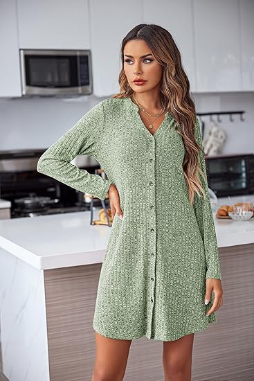 Nightgowns for Women Button Down Night Shirt Long Sleeve Ribbed Knit V-Neck Sleepwear Pajama Dress Ekouaer